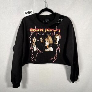 Bon Jovi These Days Tour Crop Sweatshirt Womens Small Black Graphic Fleece Lined